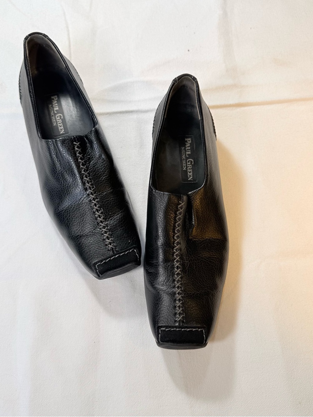 Paul Green München Black Grain Leather Square Toe Whipstitch Loafers US 7.5